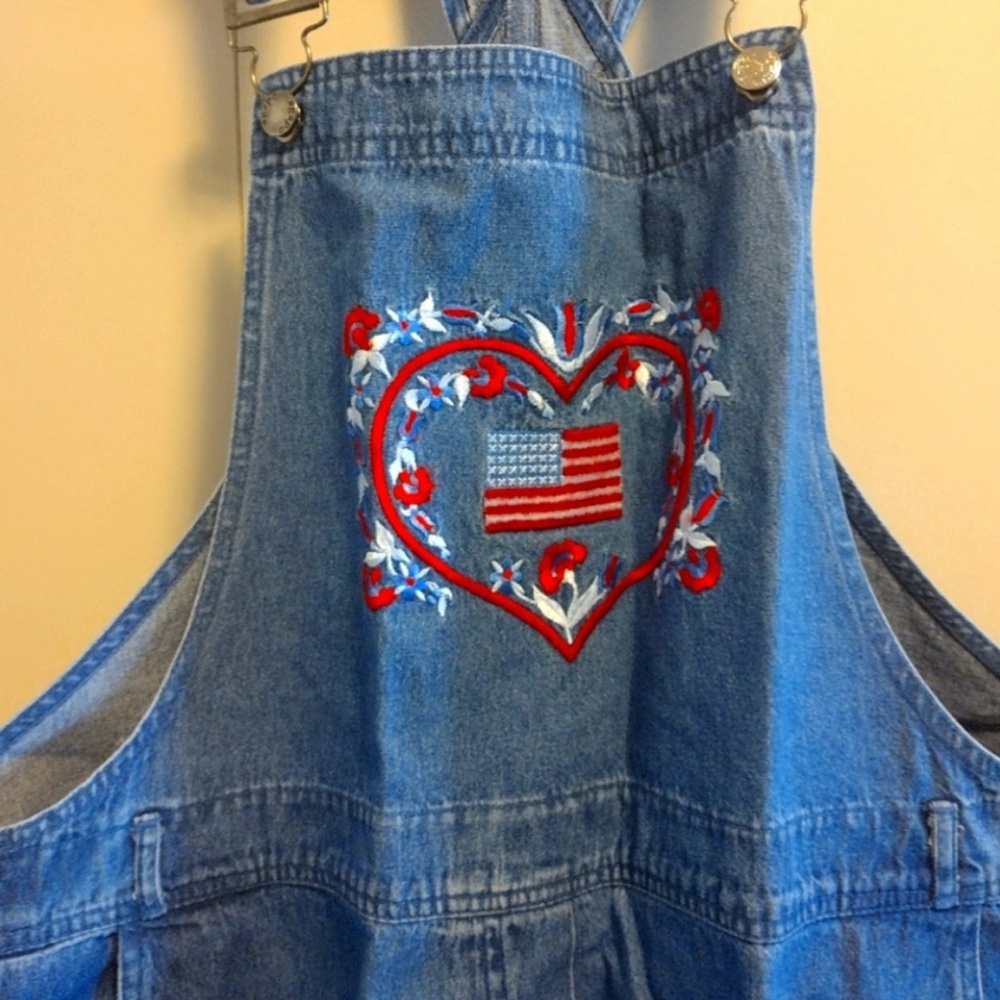Denim Overalls with Heart and Flag Embroidery